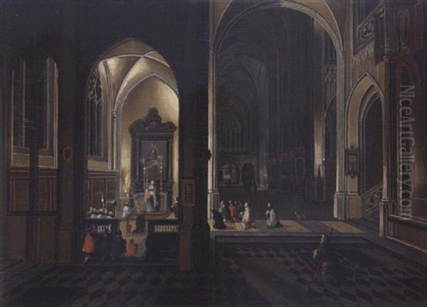 The Interior Of A Gothic Cathedral By Night - view 1