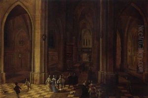The Interior Of A Gothic Church By Night With Elegant Company And Torchbearers In The Foreground