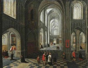 The Interior Of A Gothic Church Looking East, With Elegant Townsfolk And A Priest Conversing In The Aisle
