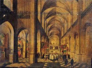 A View In A Gothic Church Looking East With A Service Taking Place At An Altar On The Left And A Choir Singing In The Nave