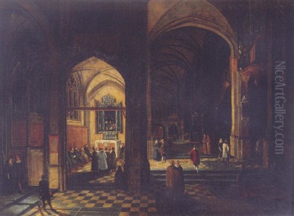 A View In A Gothic Church With A Mass Being Celebrated In A Chapel - view 1