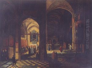 A View In A Gothic Church With A Mass Being Celebrated In A Chapel by Peeter Neeffs the Younger