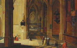 The Interior Of A Gothic Church With An Artist Sketching In The Nave