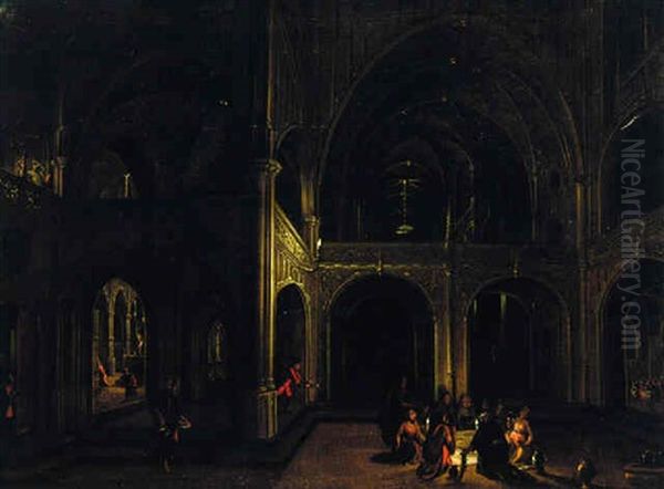 A Courtyard Of A Palace At Night With Revellers Feasting By Candlelight - view 1