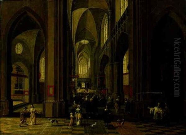 The Interior Of Antwerp Cathedral With A Congregation Listening To A Sermon - view 1