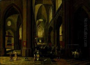 The Interior Of Antwerp Cathedral With A Congregation Listening To A Sermon