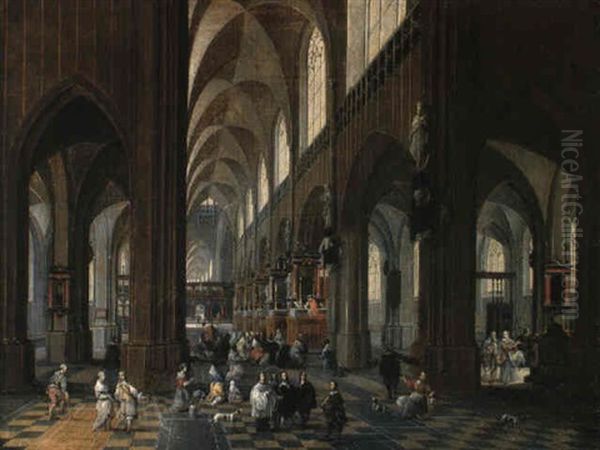 Worshippers In The Aisle Of Antwerp Cathedral - view 1