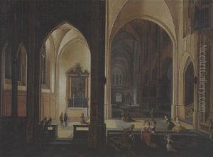 The Interior Of A Gothic Cathedral By Candlelight, With Elegant Company By A Side Altar