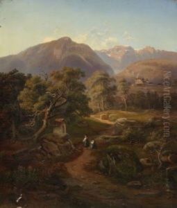 Tiroler Gebirgslandschaft. Auf Dem Weg Vorne Zwei Frauen An Einem Bildstock, Im Hintergrund Ein Schloss Tiroler Gebirgslandschaft. Auf Dem Weg Vorne Zwei Frauen An Einem Bildstock, Im Hintergrund Ein Schloss