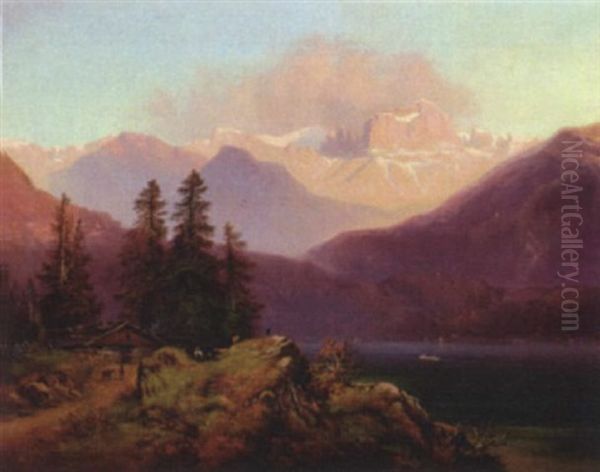 Alpine Lake With Chalet And Farmer Tending Goats - view 1