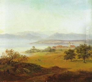 Blick Uber Weite Wiesen Auf Kloster Schledorf Am Kochelsee