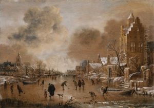 A Frozen Canal With Kolf Players And Buildings On Both Banks