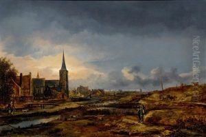 Landscape With River In The Moonlight With A Village And Church by Aert van der Neer