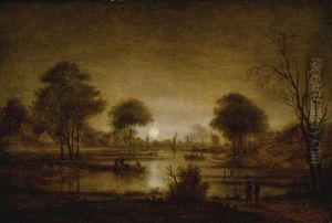 Moonlit River Landscape With Farms To The Left, Bare Trees To The Right, A Bank In The Foreground With Two Figures, And A Windmill In The Center Background by Aert van der Neer
