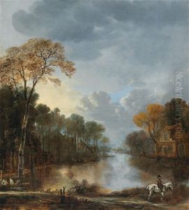 A Landscape At Twilight With A Horseman Pulling A Boat Along A Canal A Landscape At Twilight With A Horseman Pulling A Boat Along A Canal