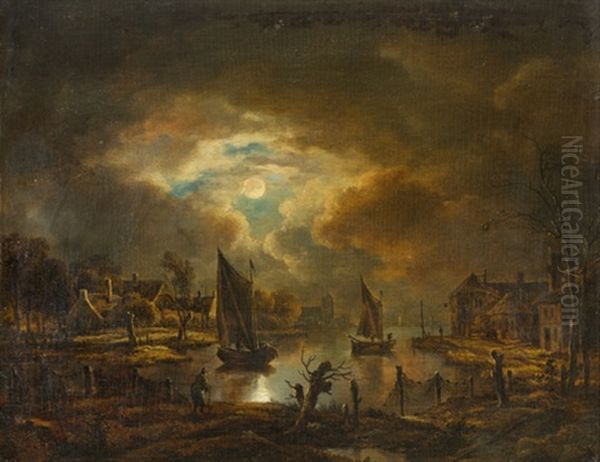 Kleiner Hafen Mit Segelschiffen Und Figurenstaffage Bei Vollmond - view 1