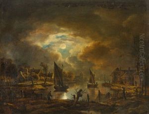 Kleiner Hafen Mit Segelschiffen Und Figurenstaffage Bei Vollmond