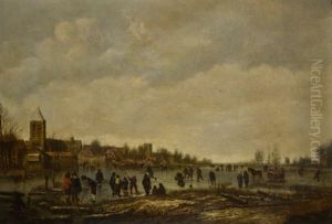 Winter Landscape With Skaters And Golfers On A Frozen River Near A Village by Aert van der Neer