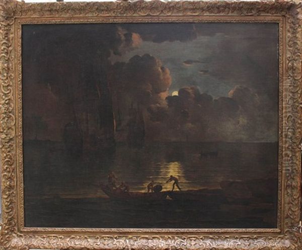 Large Seascape With Ships On Calm Water At Moonlight And Some Sailors Carrying Barrels On A Boat In The Foreground - view 1