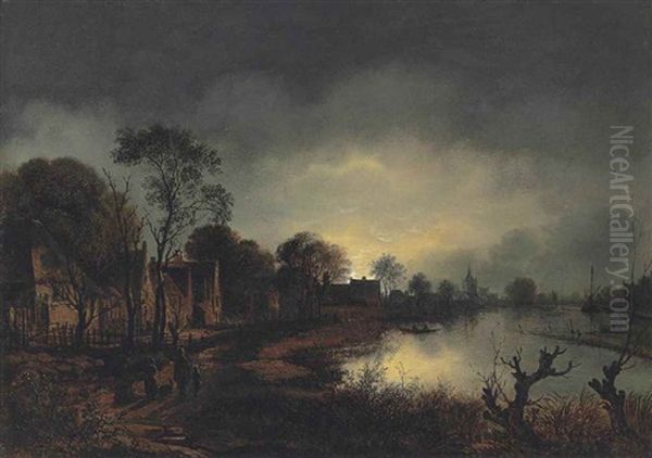 A River Landscape At Dusk With Figures Walking Along A Path, A Church In The Distance - view 1