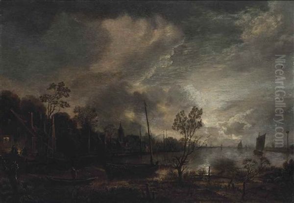 A Moonlit River Landscape With Shipping And A Town Beyond - view 1