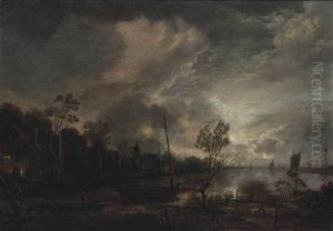 A Moonlit River Landscape With Shipping And A Town Beyond by Aert van der Neer