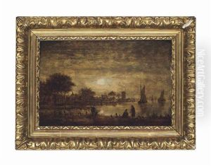 A Moonlit River Landscape With Two Men Fishing, A Village And Shipping Beyond