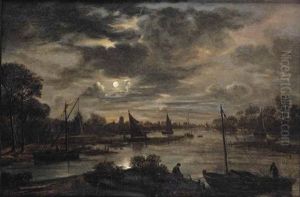 A Moonlit River Landscape With A Village Beyond A Moonlit River Landscape With A Village Beyond