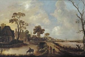 A River Landscape With Travellers On A Sandy Road Near A Village by Aert van der Neer