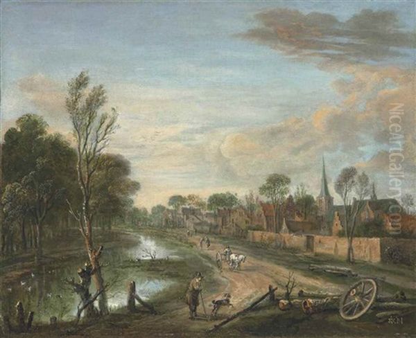 A Wooded Landscape With Travellers On A Path By A Canal, A Town Beyond - view 1