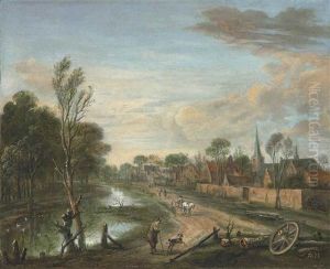 A Wooded Landscape With Travellers On A Path By A Canal, A Town Beyond by Aert van der Neer
