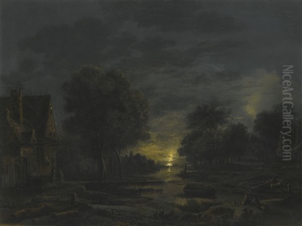 A Moonlit River Landscape With Two Men Resting On The Bank, A Village Beyond - view 1