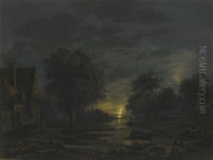 A Moonlit River Landscape With Two Men Resting On The Bank, A Village Beyond by Aert van der Neer