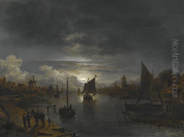 A River Landscape By Moonlight With Boats And Settlements On Both Banks - view 1