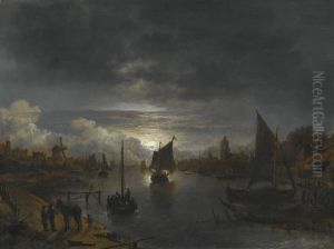 A River Landscape By Moonlight With Boats And Settlements On Both Banks