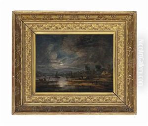 Moonlit River Landscape With Figures And Cattle On The Shore, Boats On The Water And A Town Beyond by Aert van der Neer
