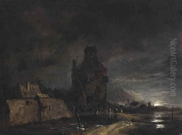 A Moonlit River Landscape With A Bell Tower And A City Wall - view 1