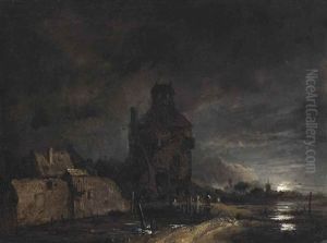 A Moonlit River Landscape With A Bell Tower And A City Wall by Aert van der Neer