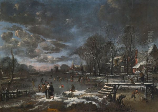 Skaters And Kolf Players On A Frozen River Bordering A Village - view 1