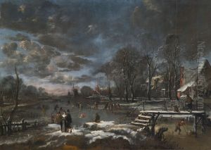 Skaters And Kolf Players On A Frozen River Bordering A Village by Aert van der Neer