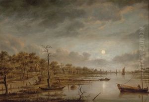 Eine Flusslandschaft Mit Fischerbooten Bei Abendstimmung