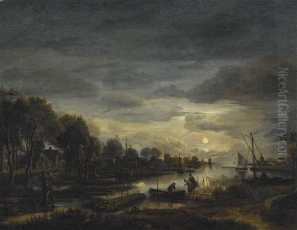 River Landscape By Moonlight, A Village On The Left Bank Between Trees - view 1