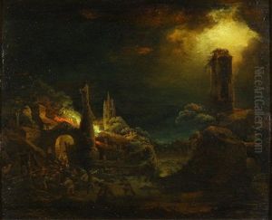 A Moonlit Landscape With A Burning Village by Aert van der Neer