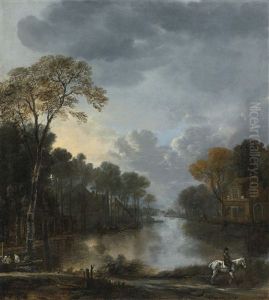 Landscape At Twighlight With A Horseman Pulling A Boat Along A Canal by Aert van der Neer