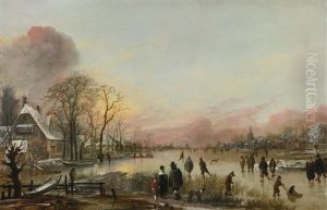 Frozen River At Sunset by Aert van der Neer