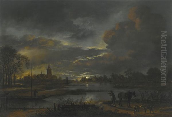 A Wide Moonlit River Landscape With Figures Fishing, A Village Beyond - view 1