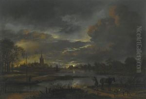 A Wide Moonlit River Landscape With Figures Fishing, A Village Beyond by Aert van der Neer