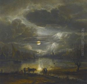 A Wide River Landscape By Moonlight With Four Cows by Aert van der Neer