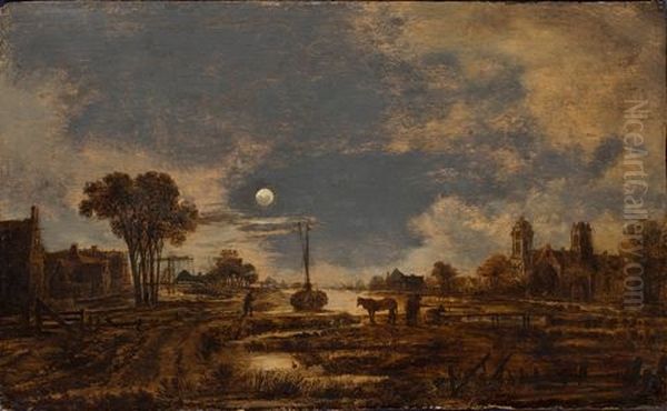 River Landscape By Moonlight, Baroque Church To The Right - view 1