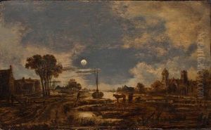 River Landscape By Moonlight, Baroque Church To The Right by Aert van der Neer